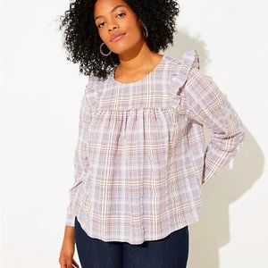 Ann Taylor LOFT Plus Plaid Ruffle Cropped Blouse Purple Sz 16 NWT